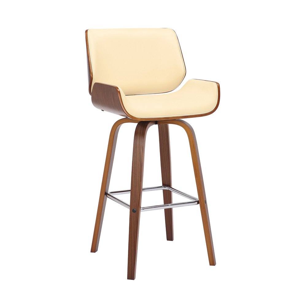 30" Cream And Brown Fabric And Solid Wood Bar Height Swivel Bar Chair