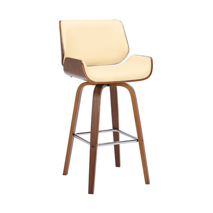 30" Cream And Brown Fabric And Solid Wood Bar Height Swivel Bar Chair