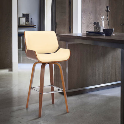 30" Cream And Brown Fabric And Solid Wood Bar Height Swivel Bar Chair