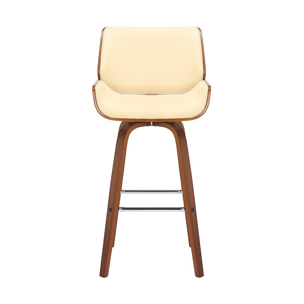 30" Cream And Brown Fabric And Solid Wood Bar Height Swivel Bar Chair