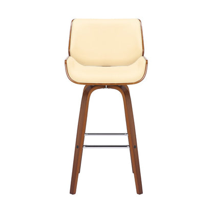 30" Cream And Brown Fabric And Solid Wood Bar Height Swivel Bar Chair