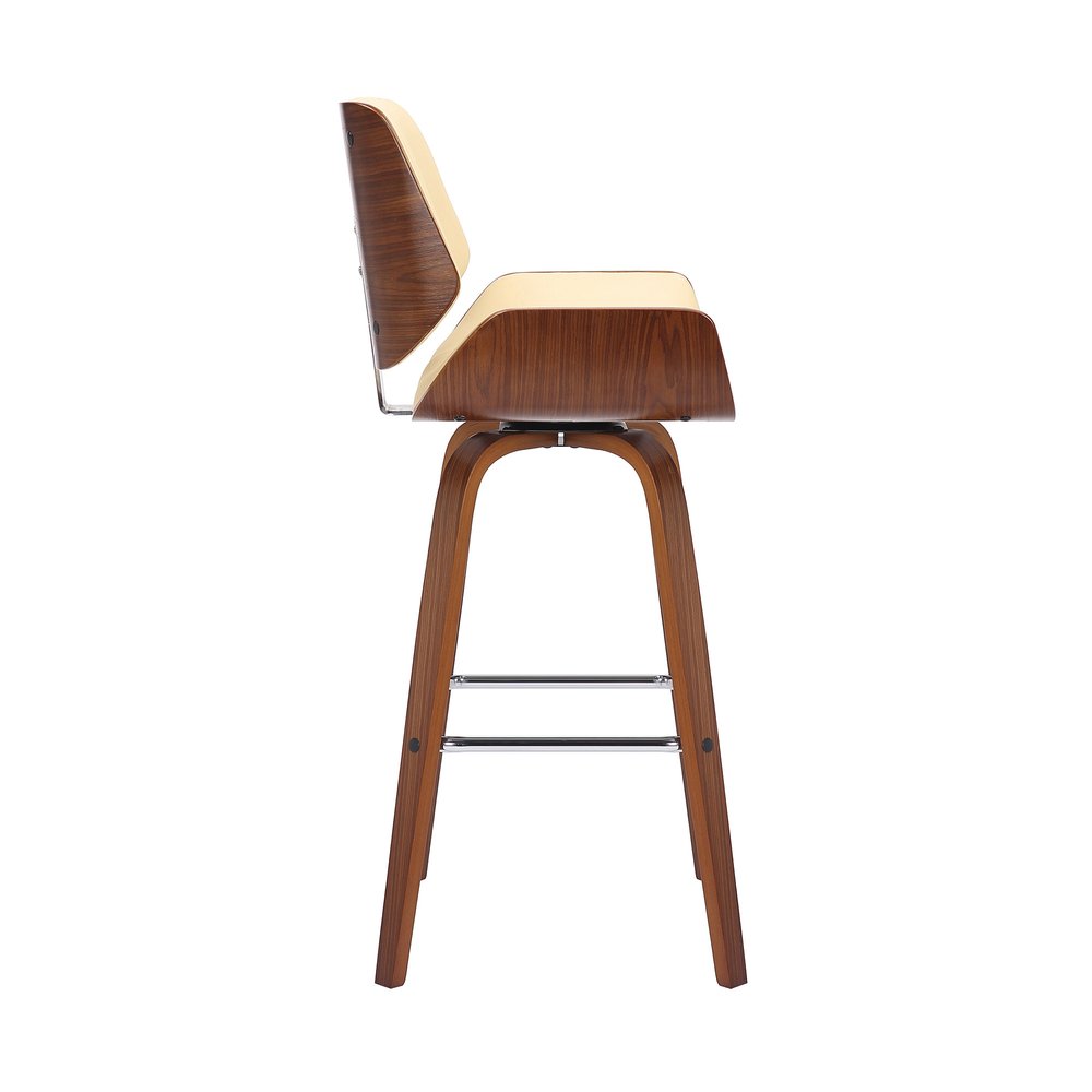 30" Cream And Brown Fabric And Solid Wood Bar Height Swivel Bar Chair