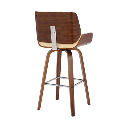 30" Cream And Brown Fabric And Solid Wood Bar Height Swivel Bar Chair