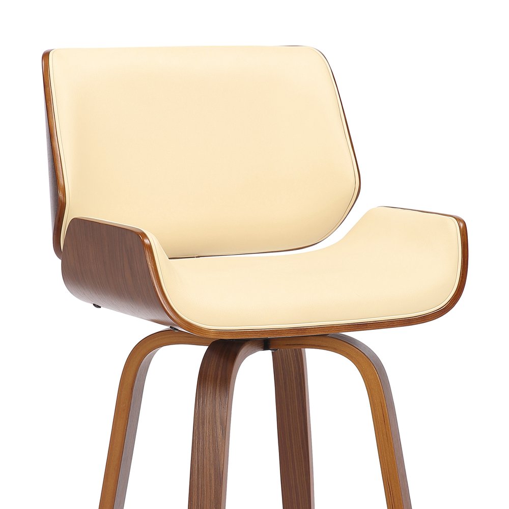30" Cream And Brown Fabric And Solid Wood Bar Height Swivel Bar Chair