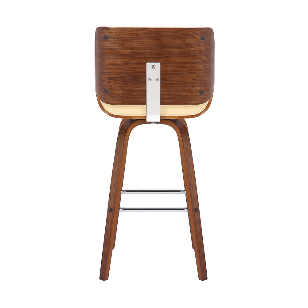 30" Cream And Brown Fabric And Solid Wood Bar Height Swivel Bar Chair