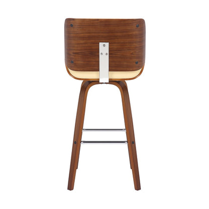 30" Cream And Brown Fabric And Solid Wood Bar Height Swivel Bar Chair