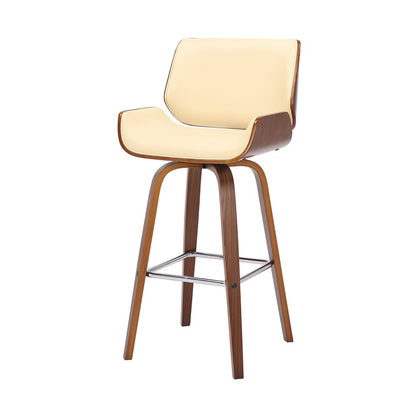 30" Cream And Brown Fabric And Solid Wood Bar Height Swivel Bar Chair
