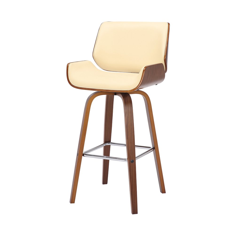 30" Cream And Brown Fabric And Solid Wood Bar Height Swivel Bar Chair
