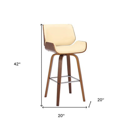 30" Cream And Brown Fabric And Solid Wood Bar Height Swivel Bar Chair