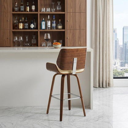 30" Cream And Brown Fabric And Solid Wood Bar Height Swivel Bar Chair