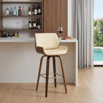 30" Cream And Brown Fabric And Solid Wood Bar Height Swivel Bar Chair