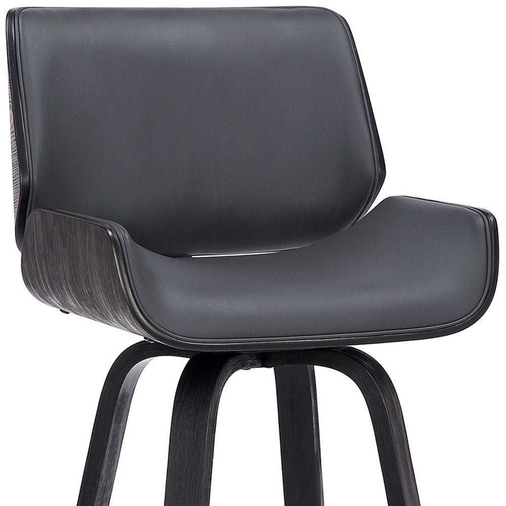 26" Gray And Black Faux Leather And Fabric And Iron Counter Height Swivel Bar Chair