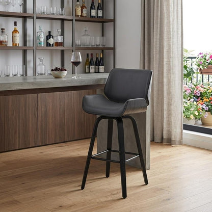 30" Gray And Black Fabric And Iron Bar Height Swivel Bar Chair