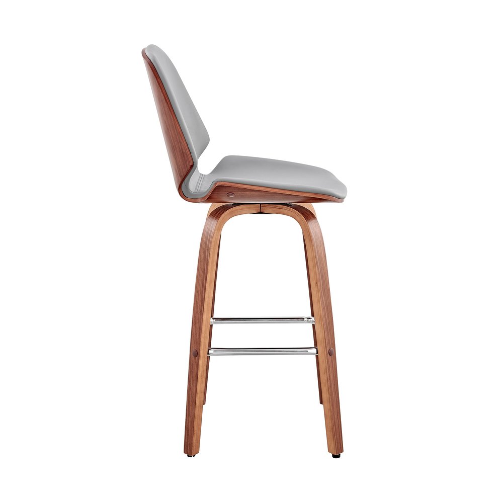 26" Gray And Brown Fabric And Wood Counter Height Swivel Bar Chair
