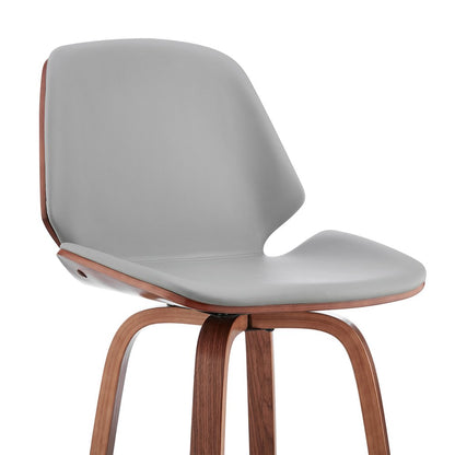 26" Gray And Brown Fabric And Wood Counter Height Swivel Bar Chair