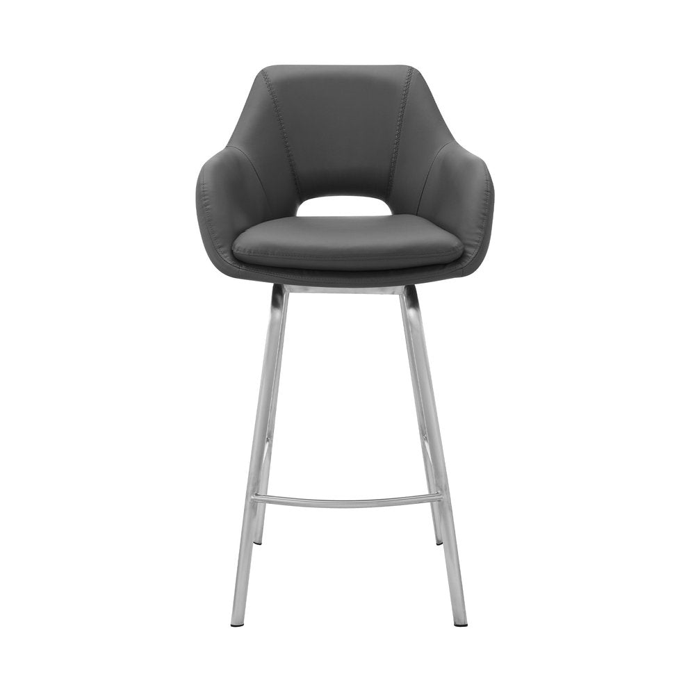 30" Gray And Silver Fabric And Iron Low Back Bar Height Swivel Bar Chair