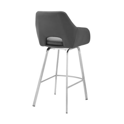30" Gray And Silver Fabric And Iron Low Back Bar Height Swivel Bar Chair