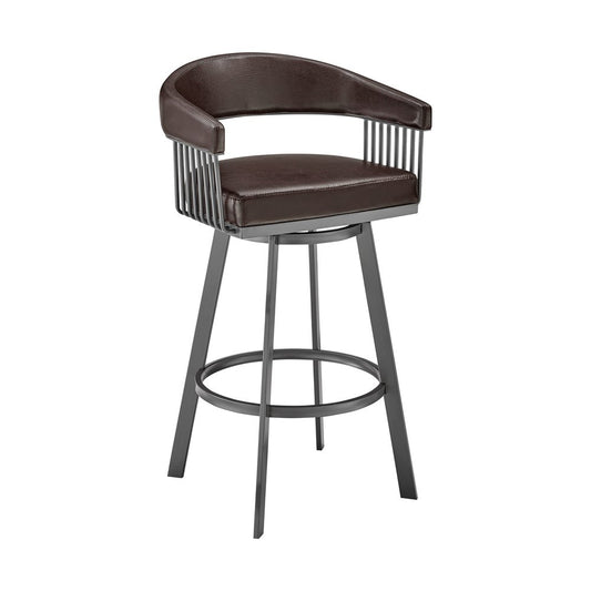 25" Chocolate And Gray Fabric And Faux Leather And Iron Low Back Counter Height Swivel Bar Chair
