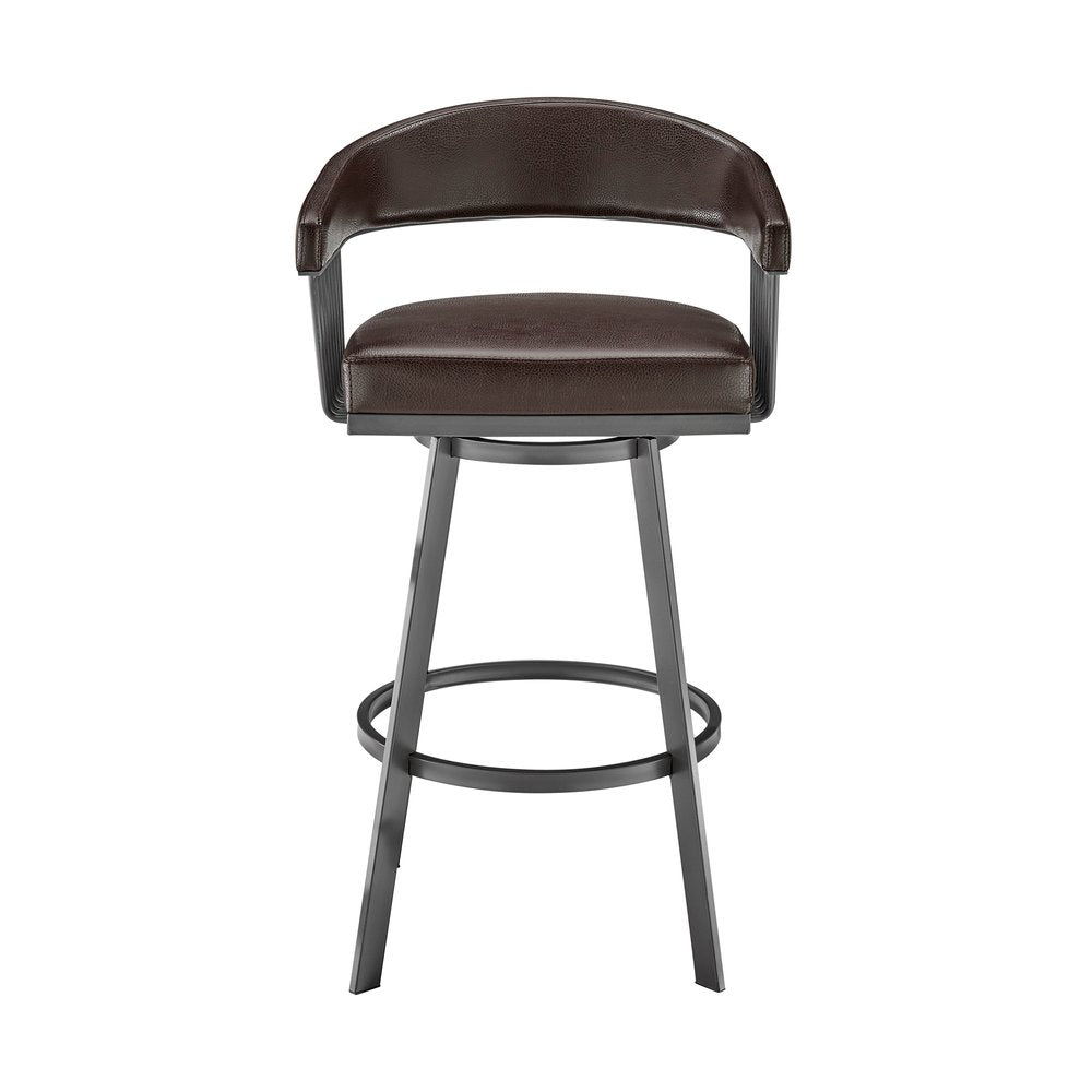 25" Chocolate And Gray Fabric And Faux Leather And Iron Low Back Counter Height Swivel Bar Chair