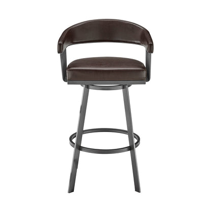 25" Chocolate And Gray Fabric And Faux Leather And Iron Low Back Counter Height Swivel Bar Chair