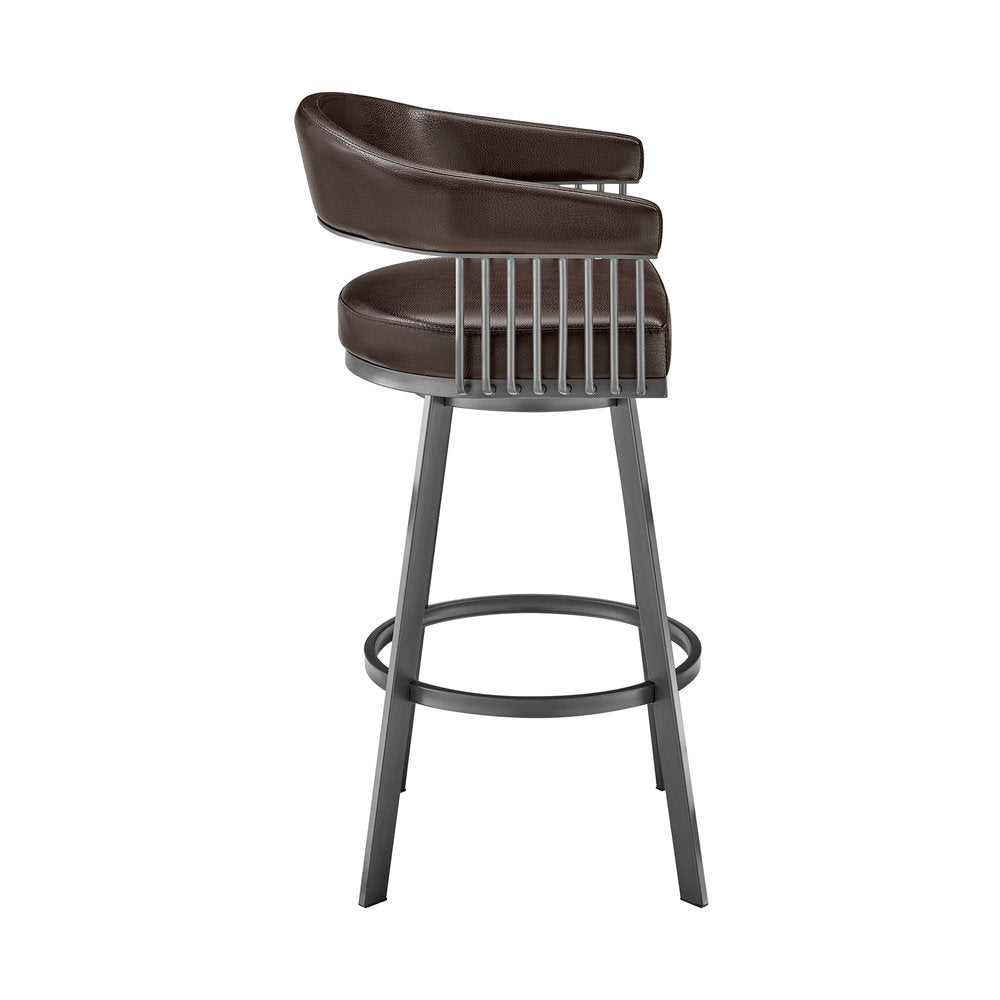 25" Chocolate And Gray Fabric And Faux Leather And Iron Low Back Counter Height Swivel Bar Chair