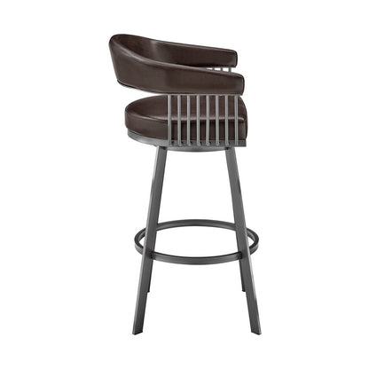 25" Chocolate And Gray Fabric And Faux Leather And Iron Low Back Counter Height Swivel Bar Chair