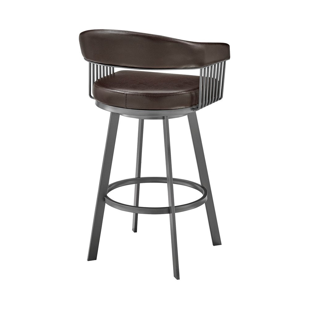 25" Chocolate And Gray Fabric And Faux Leather And Iron Low Back Counter Height Swivel Bar Chair