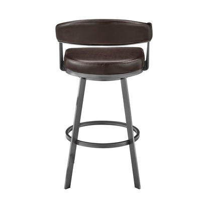 25" Chocolate And Gray Fabric And Faux Leather And Iron Low Back Counter Height Swivel Bar Chair