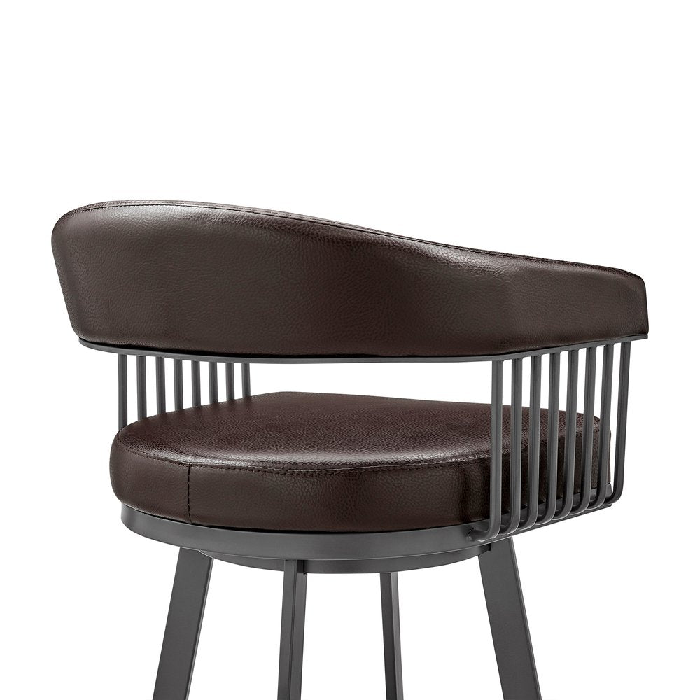 25" Chocolate And Gray Fabric And Faux Leather And Iron Low Back Counter Height Swivel Bar Chair