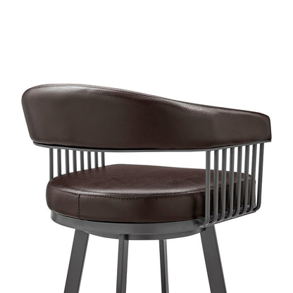 25" Chocolate And Gray Fabric And Faux Leather And Iron Low Back Counter Height Swivel Bar Chair
