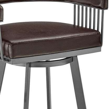 25" Chocolate And Gray Fabric And Faux Leather And Iron Low Back Counter Height Swivel Bar Chair