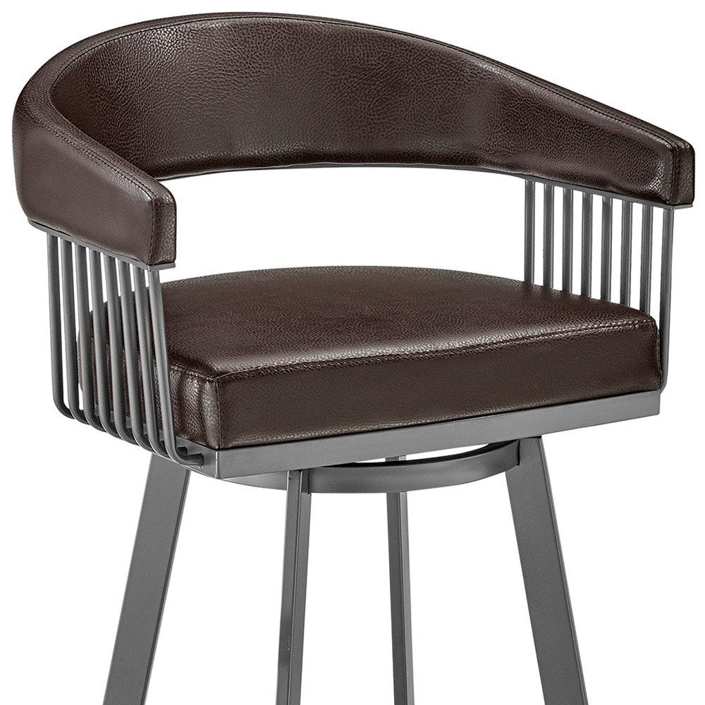25" Chocolate And Gray Fabric And Faux Leather And Iron Low Back Counter Height Swivel Bar Chair