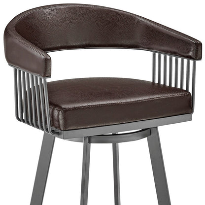 25" Chocolate And Gray Fabric And Faux Leather And Iron Low Back Counter Height Swivel Bar Chair