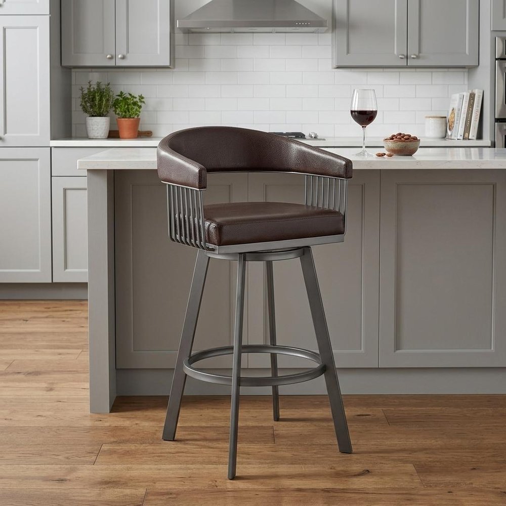 25" Chocolate And Gray Fabric And Faux Leather And Iron Low Back Counter Height Swivel Bar Chair