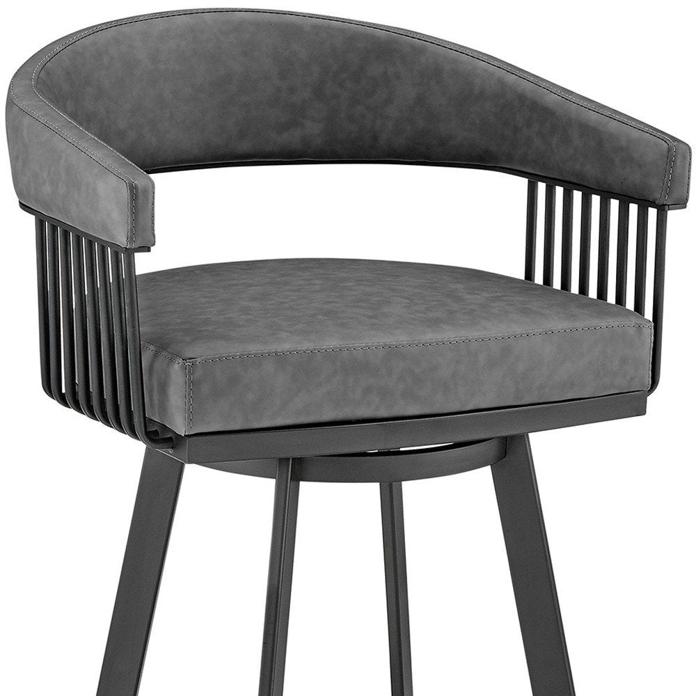 29" Gray And Black Fabric And Iron Low Back Bar Height Swivel Bar Chair
