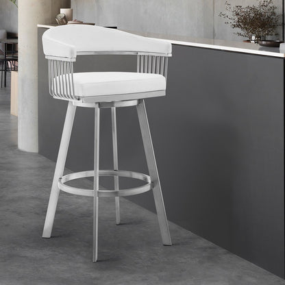 25" White And Silver Fabric And Iron Low Back Counter Height Swivel Bar Chair