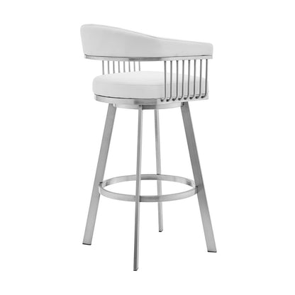 25" White And Silver Fabric And Iron Low Back Counter Height Swivel Bar Chair