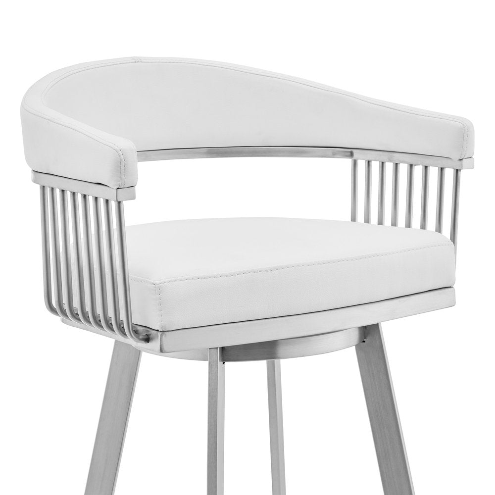 25" White And Silver Fabric And Iron Low Back Counter Height Swivel Bar Chair