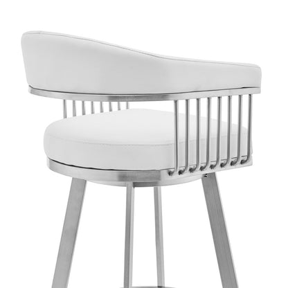 25" White And Silver Fabric And Iron Low Back Counter Height Swivel Bar Chair