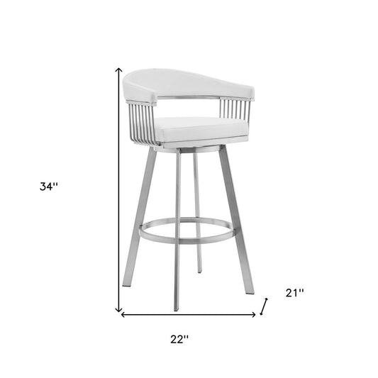 25" White And Silver Fabric And Iron Low Back Counter Height Swivel Bar Chair