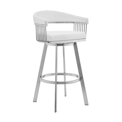 25" White And Silver Fabric And Iron Low Back Counter Height Swivel Bar Chair