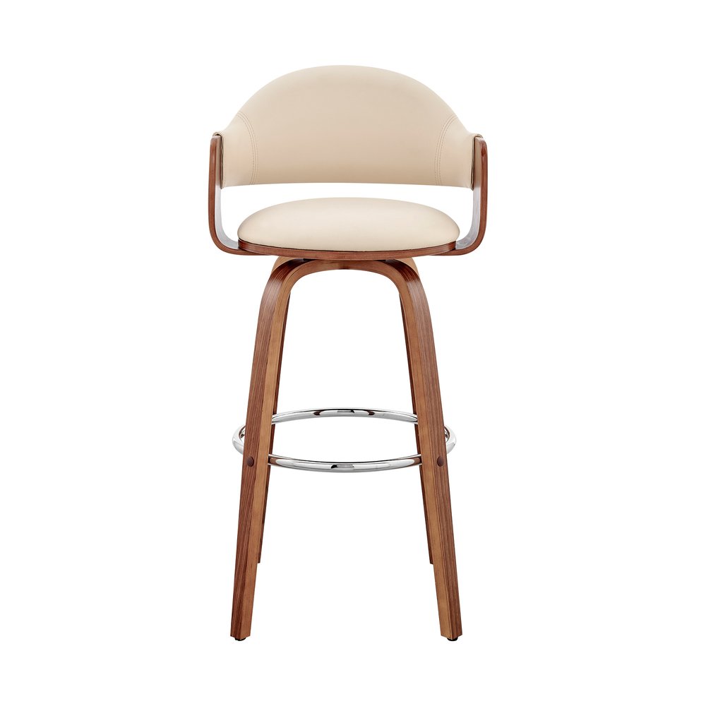 26" Cream And Brown Fabric And Wood Low Back Counter Height Swivel Bar Chair