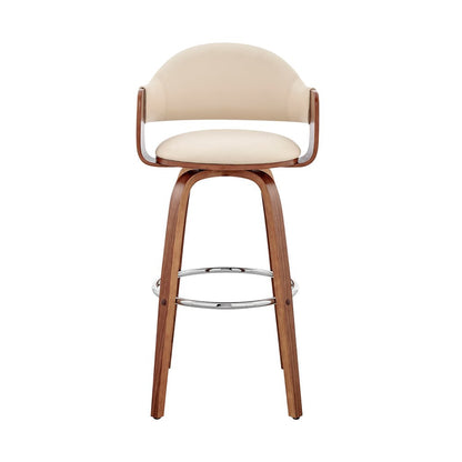 26" Cream And Brown Fabric And Wood Low Back Counter Height Swivel Bar Chair