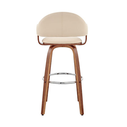 26" Cream And Brown Fabric And Wood Low Back Counter Height Swivel Bar Chair