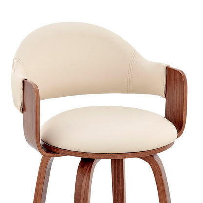 26" Cream And Brown Fabric And Wood Low Back Counter Height Swivel Bar Chair