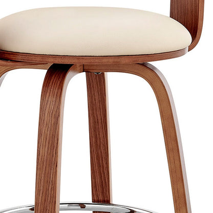 26" Cream And Brown Fabric And Wood Low Back Counter Height Swivel Bar Chair