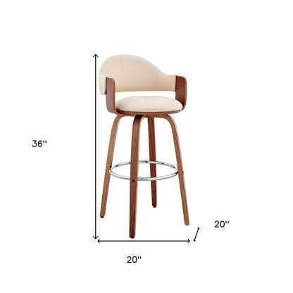 26" Cream And Brown Fabric And Wood Low Back Counter Height Swivel Bar Chair
