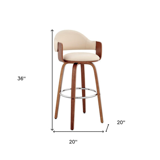 26" Cream And Brown Fabric And Wood Low Back Counter Height Swivel Bar Chair