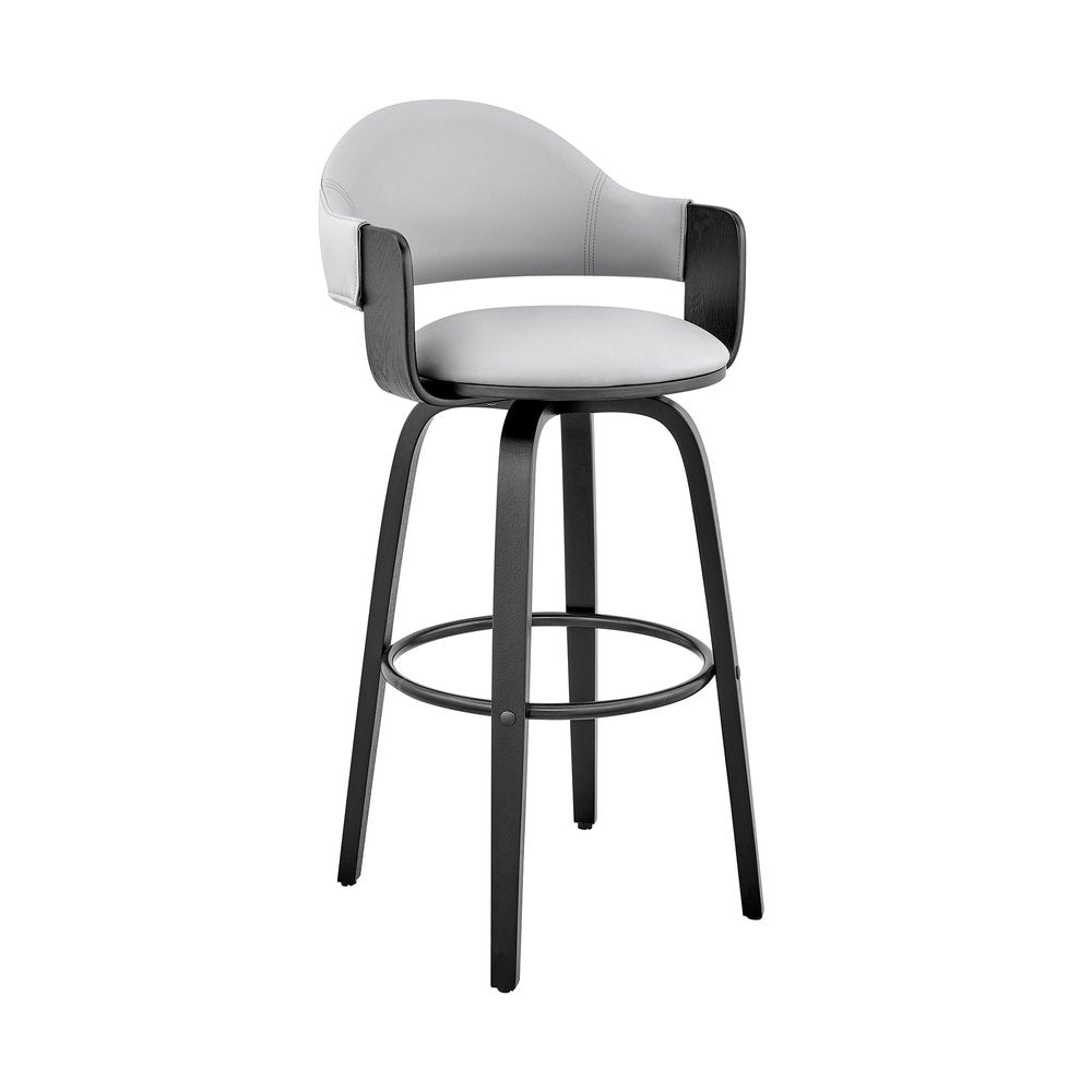 30" Gray And Black Fabric And Iron Low Back Bar Height Swivel Bar Chair