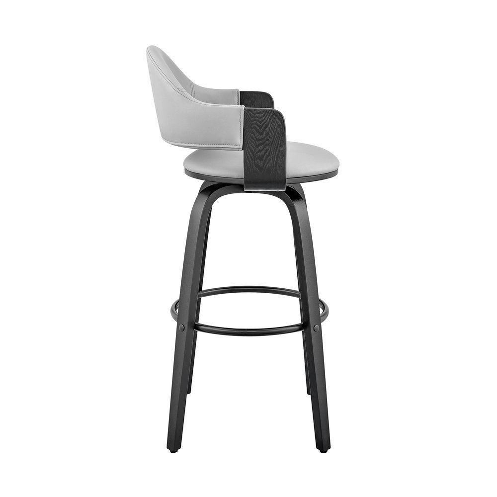 30" Gray And Black Fabric And Iron Low Back Bar Height Swivel Bar Chair